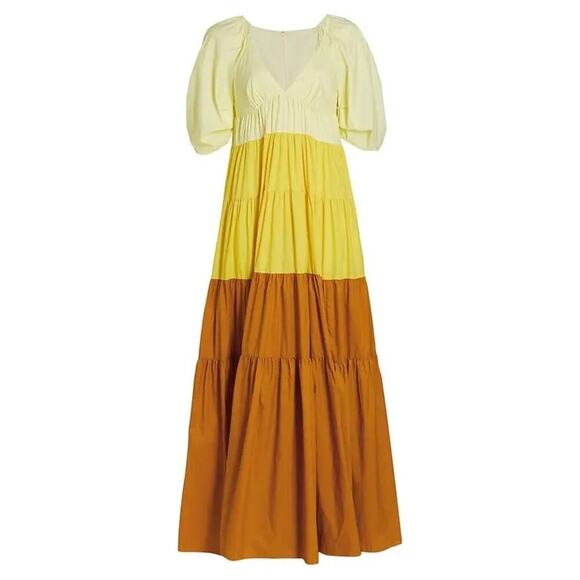 Staud Meadow Color Block Maxi Dress Puff Sleeves Yellow Orange Size XS V-Neck - Picture 2 of 11
